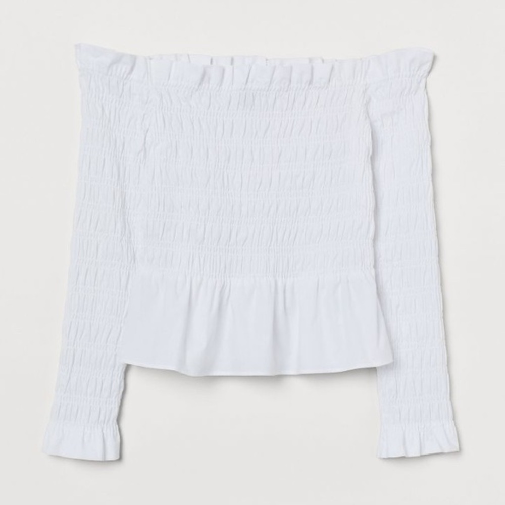 H&M White Ruched Long Sleeve Top Off The Shoulder Size Medium